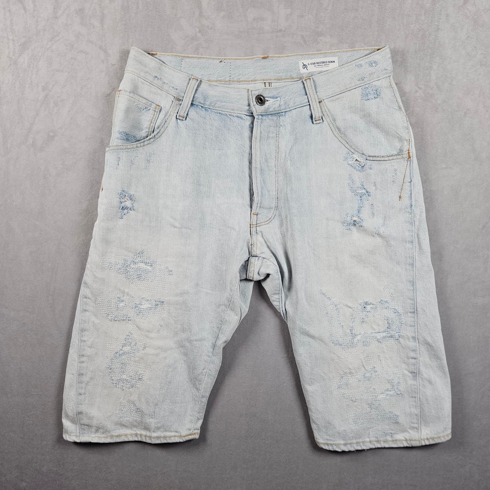G-Star RAW Shorts Arc 3D Tapered 1/2 Mens 31 Blue Light Wash Distressed Denim